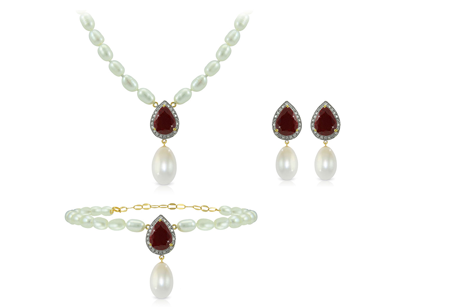 Vera Perla 18K Gold 0.48ct Diamonds, Royal Indian Ruby and 13mm Pearl 3 pcs set